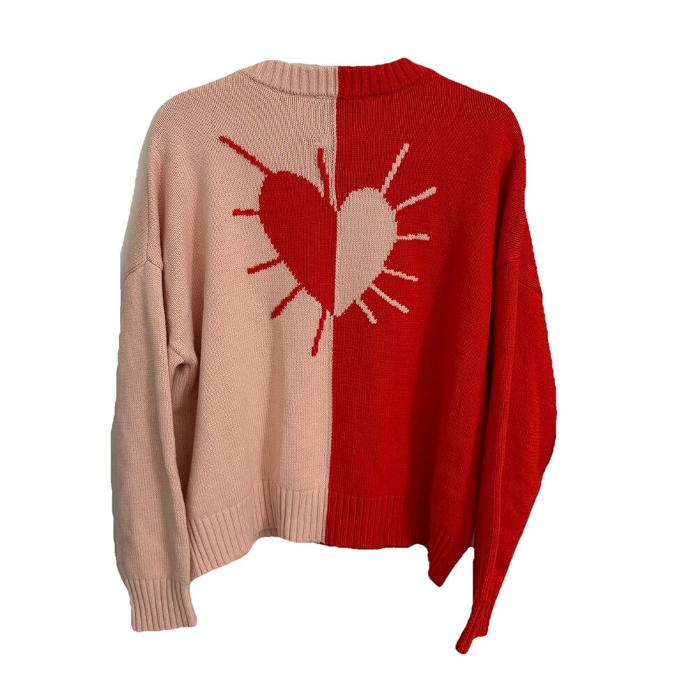 XOXR Kerri Rosenthal Sweater Womens Large Pink Red Colorblock Heart V Neck Knit